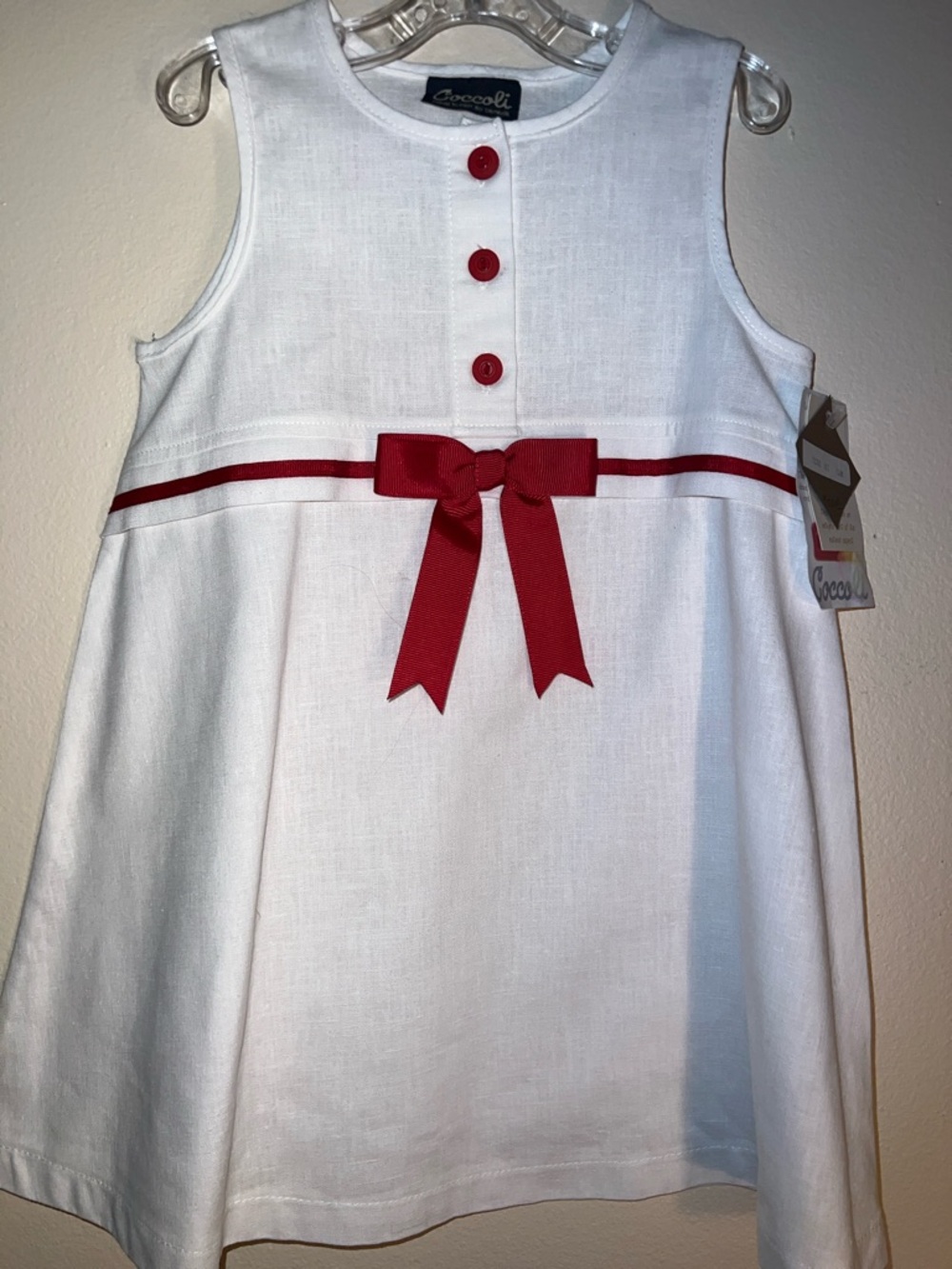 Vintage Coccoli White Linin Sleeveless Dress with Red Bow Trim. Simply Sweet.